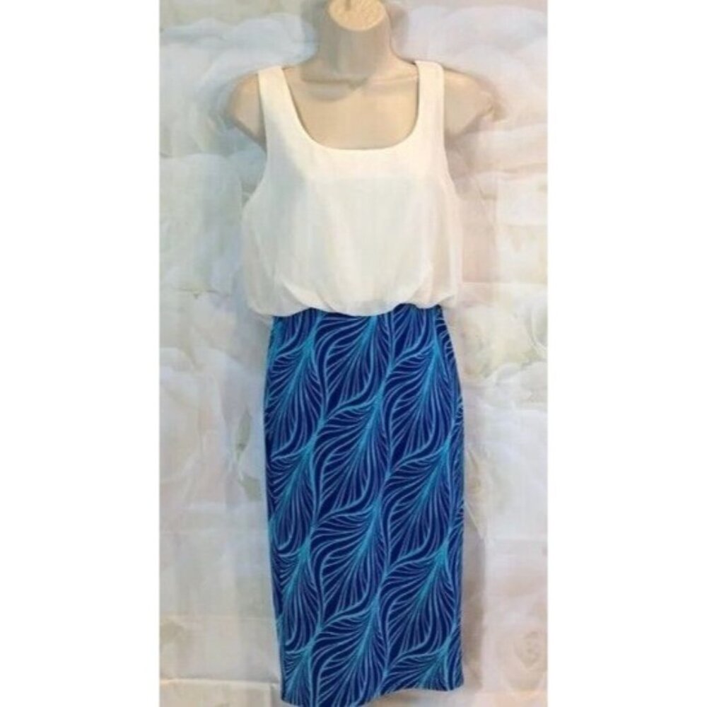 NWT Body Central Womens Sleeveless White & Blue Abstract Print Dress Mediu